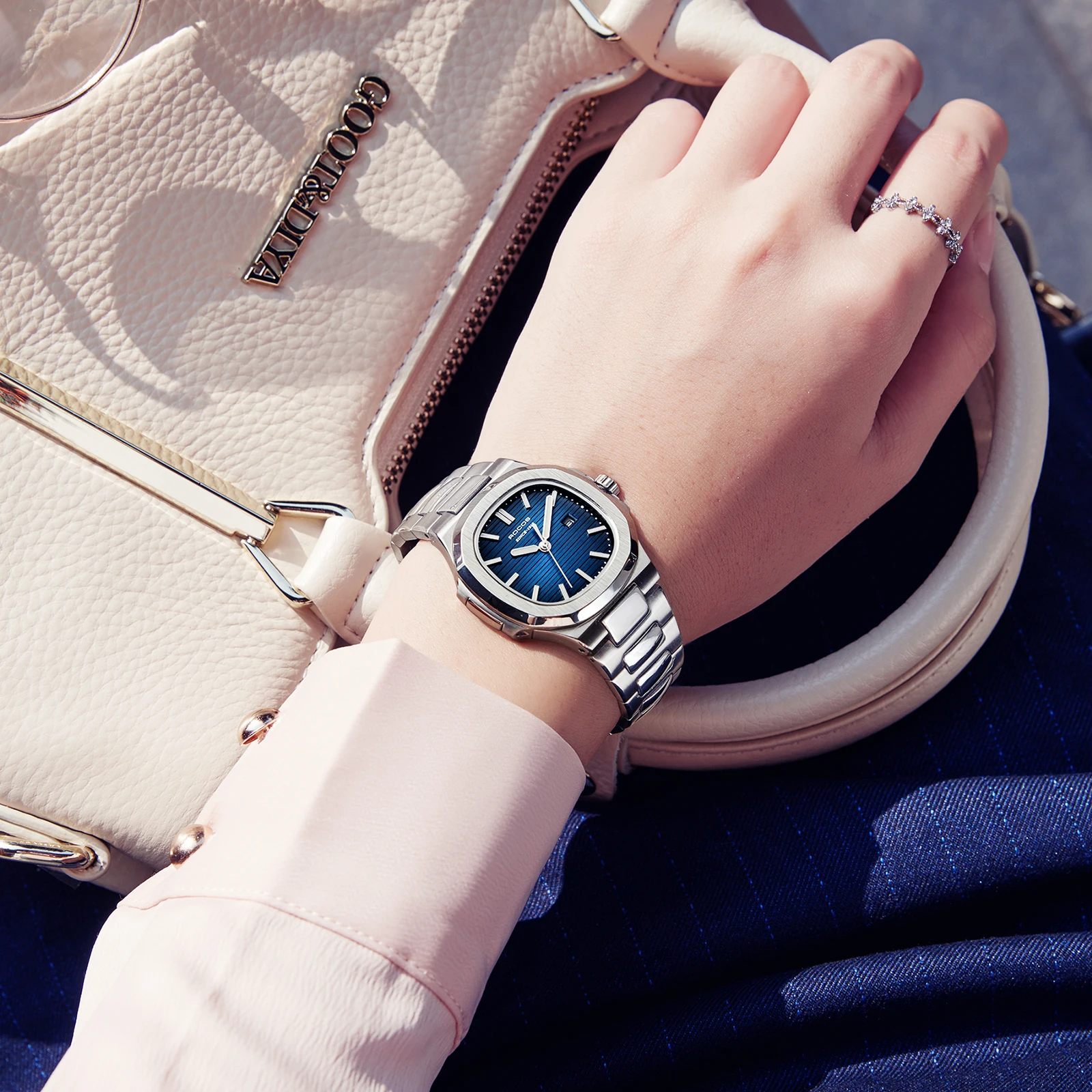 ROCOS Luxury Brand Watch Nautilus Ladies High Quality Fashion Quartz Blue Dial Square Wrist Watch Women's Waterproof Watch R139L 5
