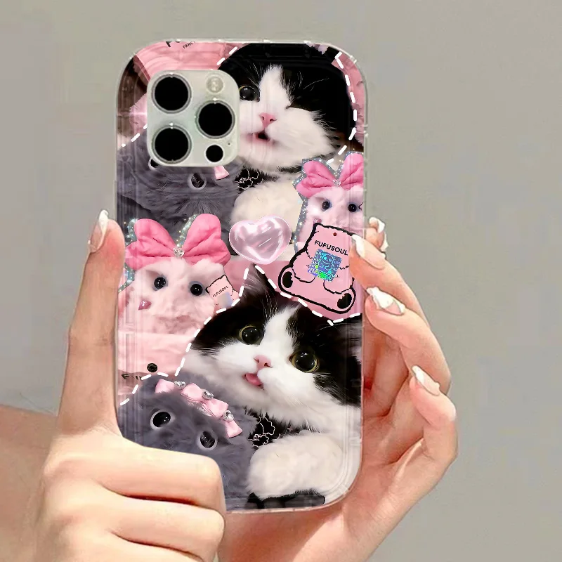 Korean Lovely Cat Pink Phone Case - Cute Kitten Soft Clear Shockproof Cover