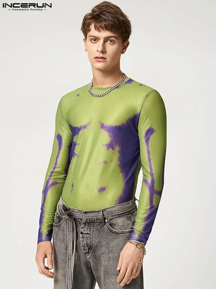 

Stylish Well Fitting Tops INCERUN Men Funny Printed Perspective Mesh T-Shirts Fashion Casual Male Long Sleeve Thin Blouse S-5XL
