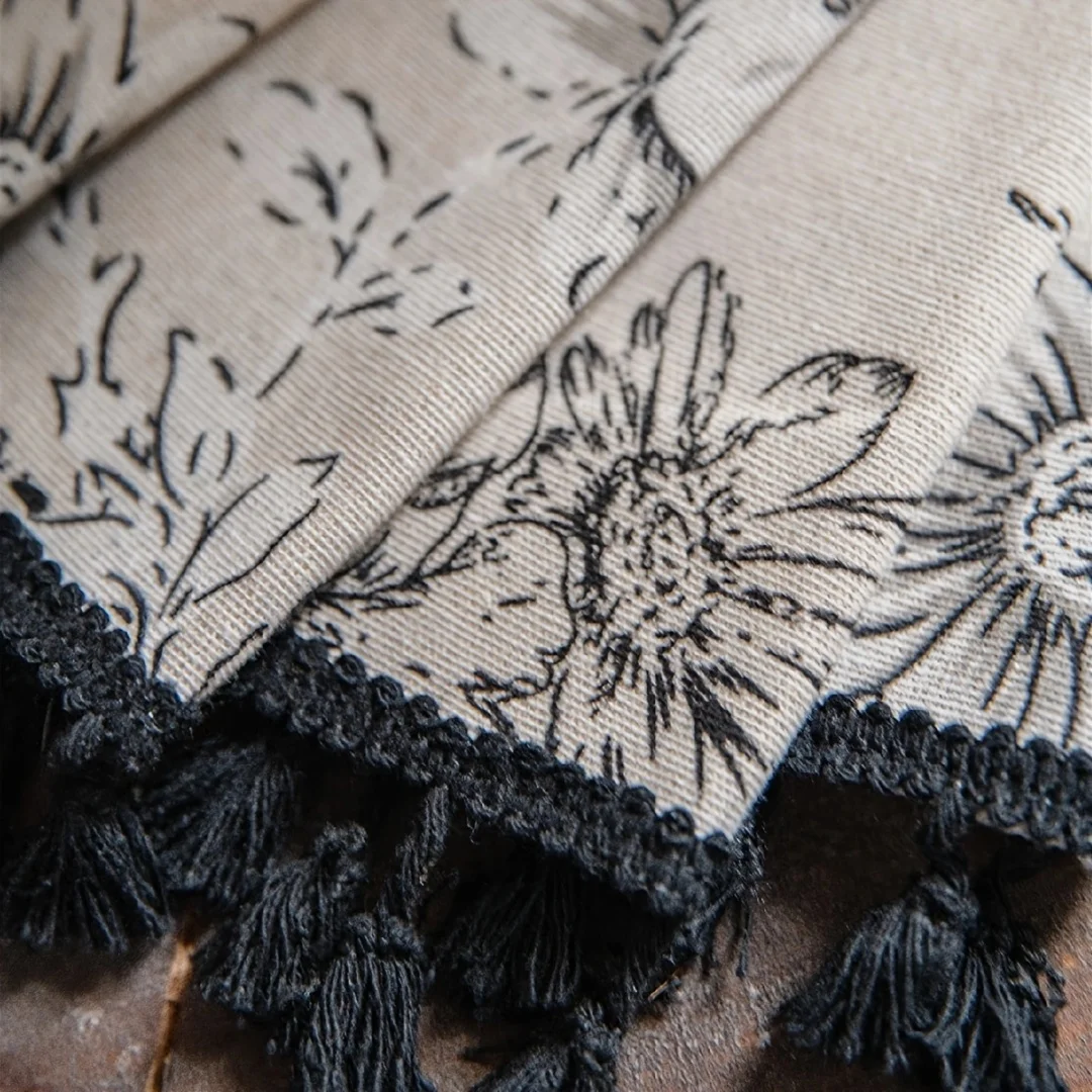 Rose cotton and linen printed semi blackout American style farmhouse wind pole pocket black tassel finished curtain 1PC 3