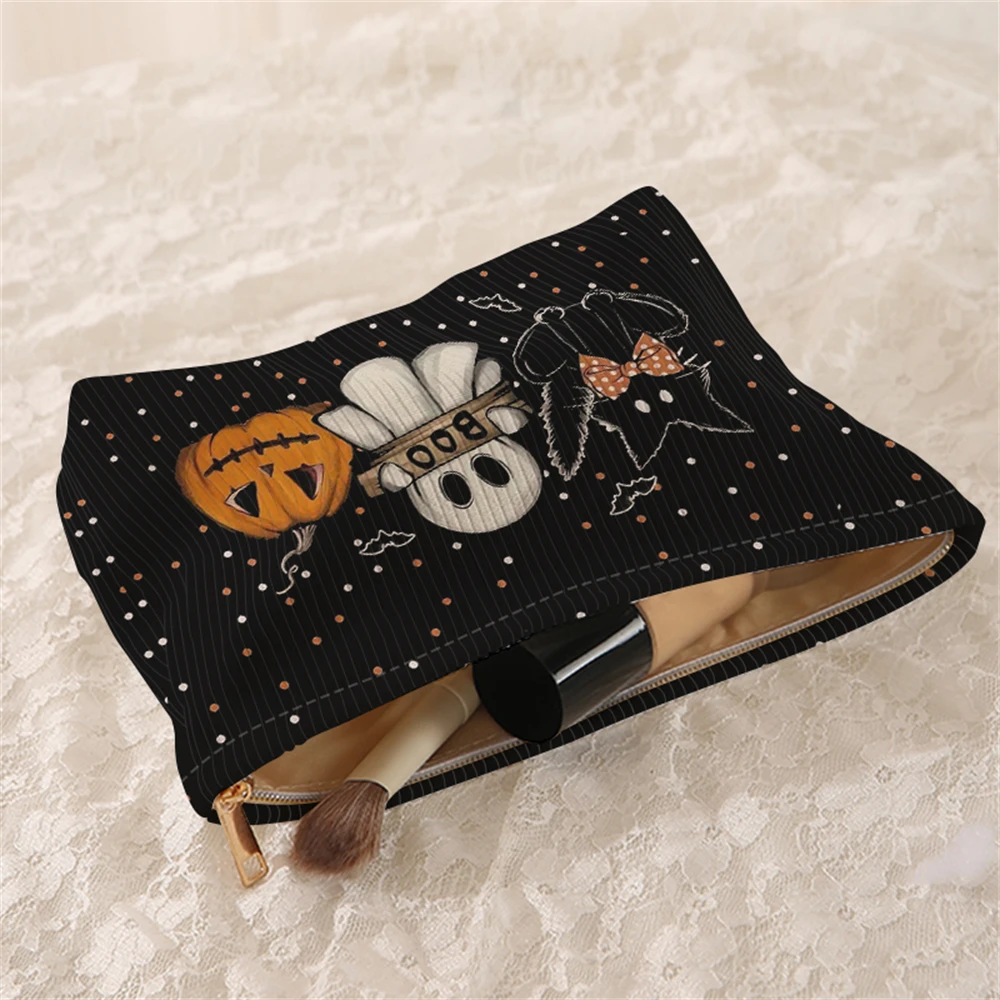 1 pumpkin and ghost patterned corduroy makeup bag, lightweight zipper makeup storage box, multifunctional bag with lining