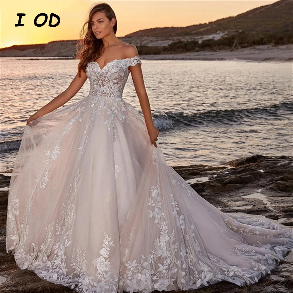 

I OD Elegant A-Line Wedding Dress Off The Shoulder Applique Backless Bridal Gown Floor Length Vestidos De Novia Custom Made New