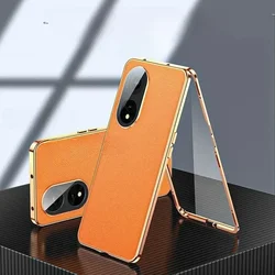 Leather Back Metal Phone Case with Tempered Glass Lens Protector - OPPO F23 5G (Orange)