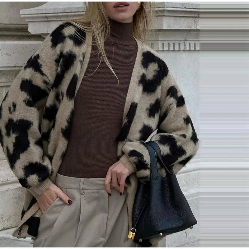 Retro Knitted Leopard Cardigan Women Casual V-neck Soft Open Sweaters Female Autumn Versatile Elegant High Street Knitwear