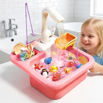 Giocattolo Lavello da Cucina per Bambini, Lavastoviglie Elettrica con Acqua Corrente, Set Gioco di Ruolo Educativo, Regalo per Bambine e Bambini