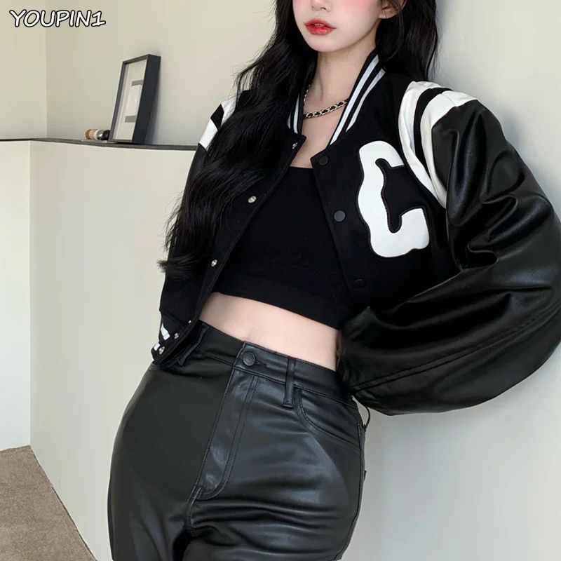 Jackets Women's Bomber Black Coats Leather Baseball Short