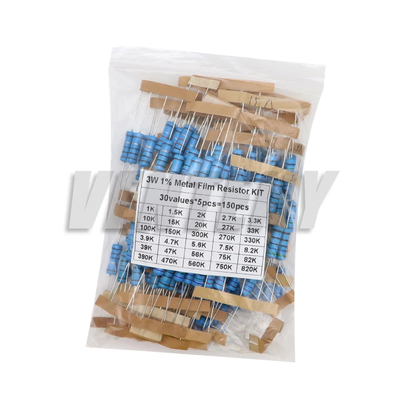 150PCS 300PCS 1/2W 1W 2W 3W Resistance 1% Metal Film Resistor Assortment Kit 30values 1R~750R 1K~820K Ohm