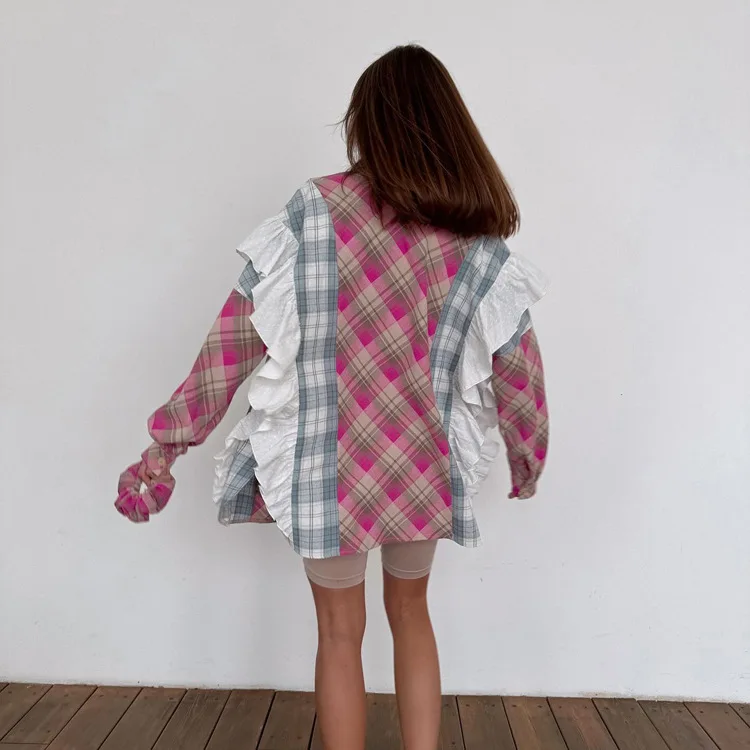 Ruffled Fashion Patchwork Shirts Women's Long Sleeve Lapel Cardigan Striped Contrast Clothes For Women Summer Shirts Coat