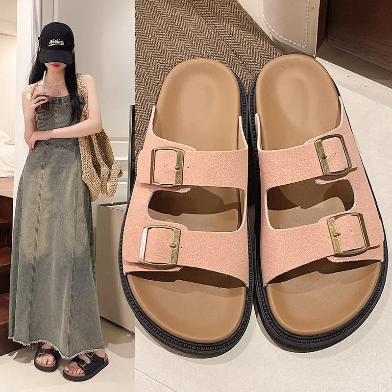 Women's Soft-soled Platform Sandals Double Buckle Flat Slippers