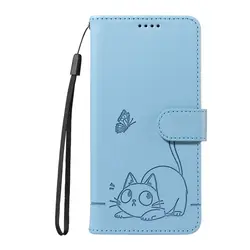 Adorable Cat Design Leather Flip Phone Case - MOTO G05 (Blue)