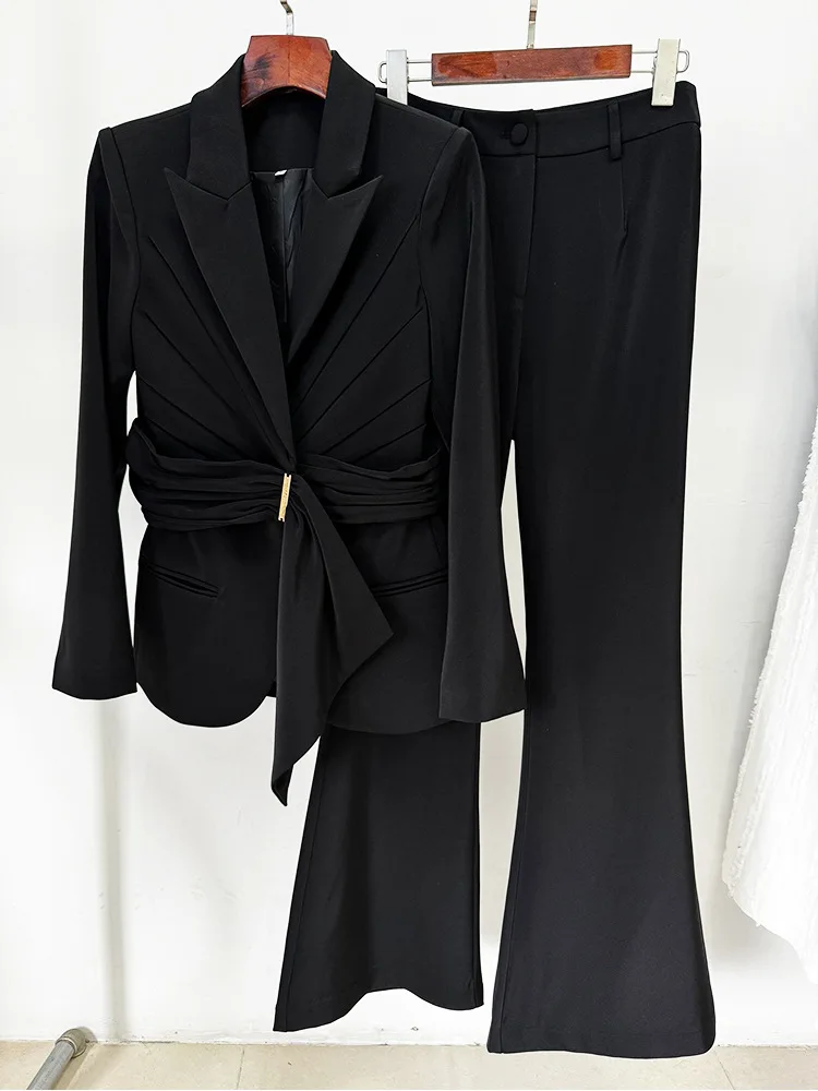 HIGH STREET New Casual 2024 All Seasons Designer Runway Fashion Elegant Women's Waistband Slim Fit Blazer Suit Pants Set 2Pieces
