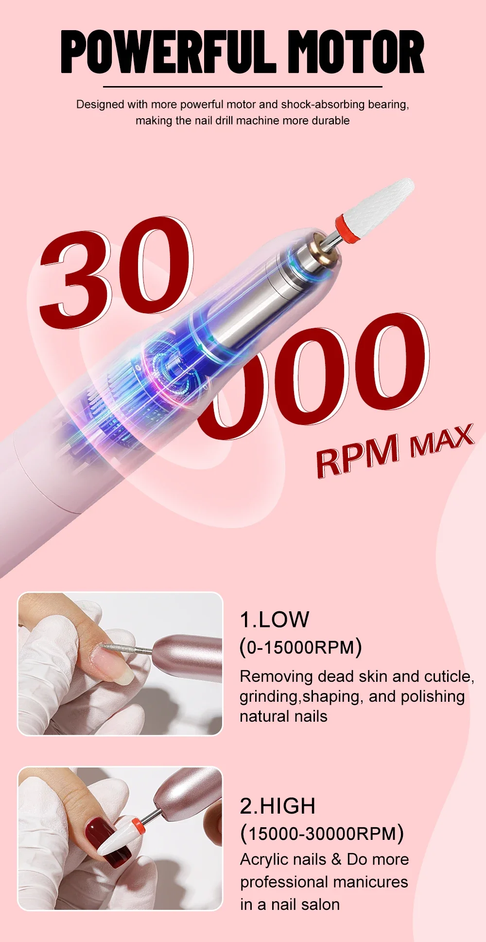 Description Picture 4 of itemYOKEFELLOW Portable Electric Nail Drill Machine Professional Nail File for Acrylic Gel Nails Polishing Tools for Home Salon Use