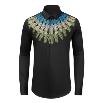 Camicia da uomo ricamata con piume a maniche lunghe autunno inverno Moda casual Camicia per performance sul palco sociale Streetwear Abbigliamento uomo 1
