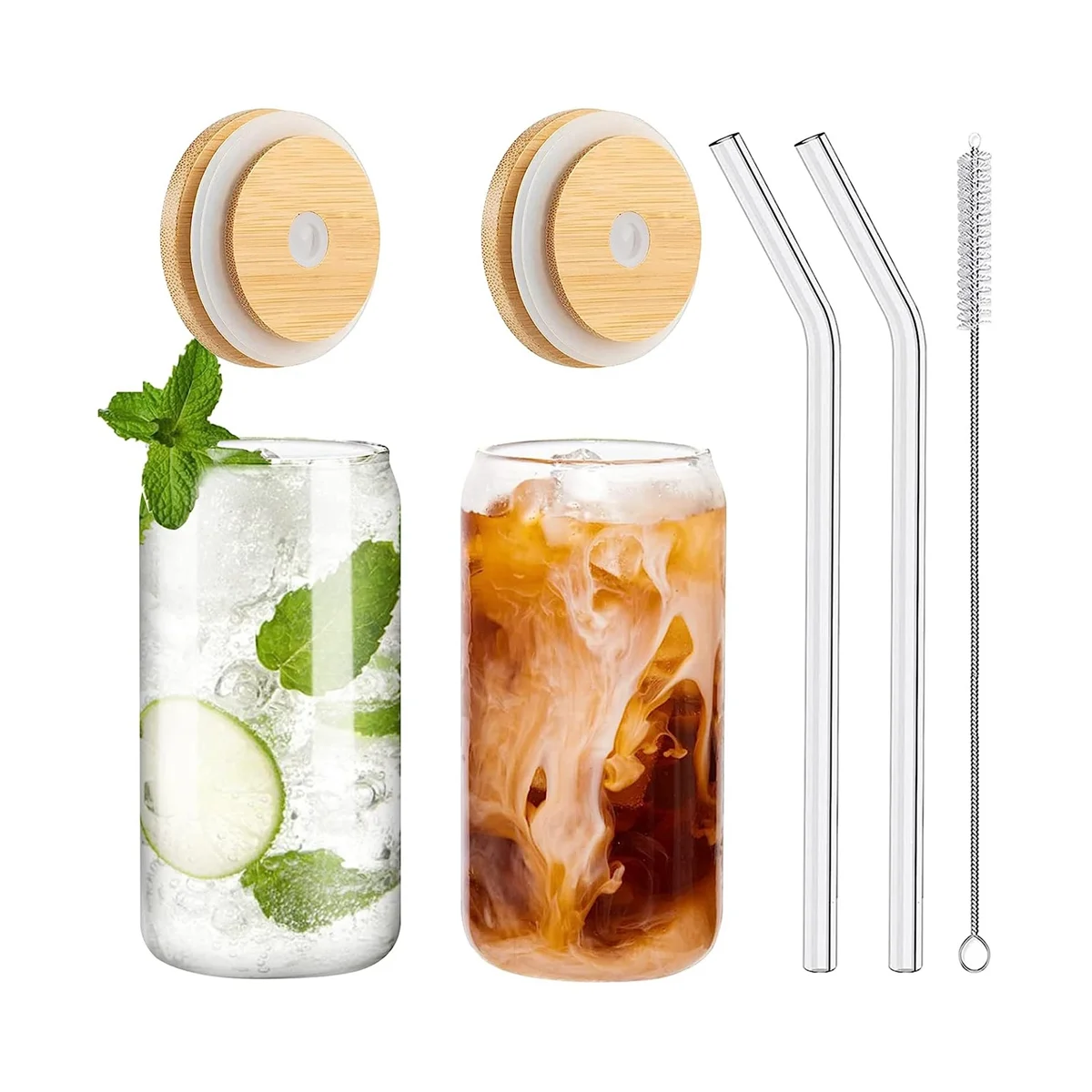 

Drinking Glasses with Bamboo Lids and 2PCS Set, 16Oz Can Shaped Glass Cups with Lids and Straws,Beer Glasses