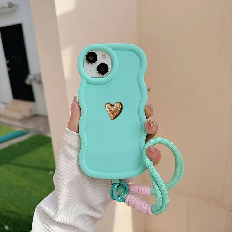 Love Wavy Frame Shockproof Phone Case with Lanyard - Enhanced Protection and Style