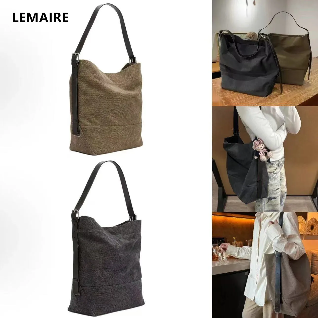 Genuine LEMAIRE Canvas Shoulder Tote Bag with Adjustable Leather