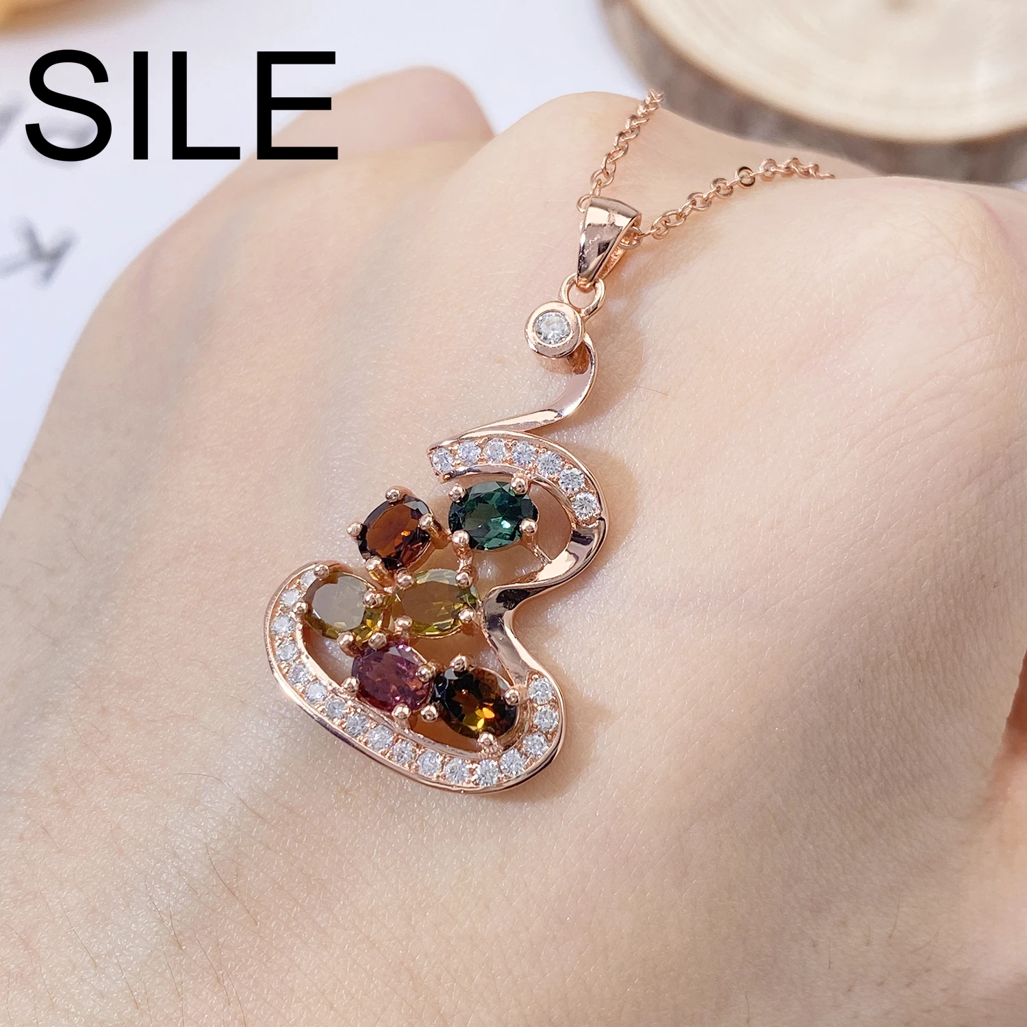 

SILE 18K Rose Gold Plated 925 Sterling Silver Natural Colors Tourmaline Gourd Pendant Necklaces Luxury Gemstone Clavicle Chain