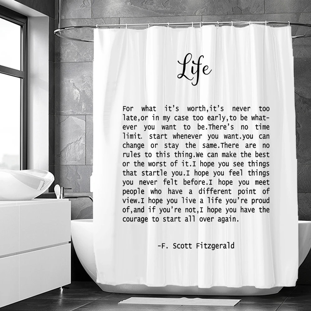 

Inspirational Saying Print Bath Curtains White Simple style Life Waterproof Shower Curtain With Hooks For Bathroom Decor Curtain