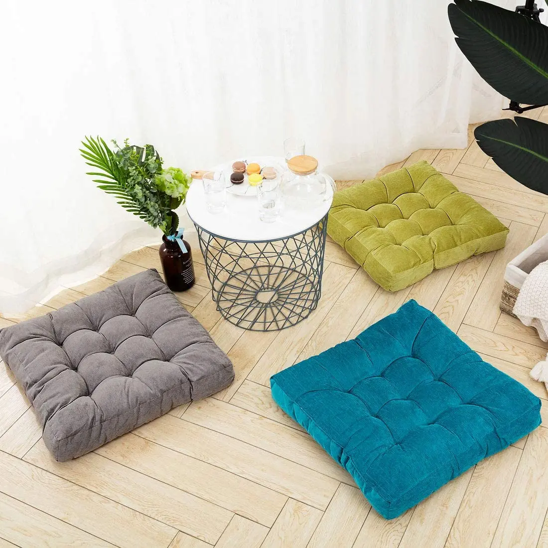 Green Oversized Floor Seat Cushion Square Large Pouf Tufted