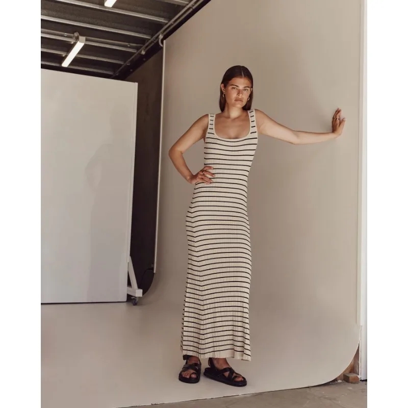 Vestido largo de punto a rayas sin espalda para mujer, cuello redondo, sin mangas, ajustado, elegante, para fiesta, espagueti, para vacaciones y playa