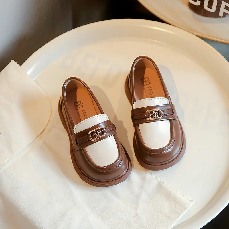 Children Casual Leather Shoes Fashion Patchwork Slip-on Unisex School Boys Girls Loafers Spring Kids Chunky Heel Platform Shoes