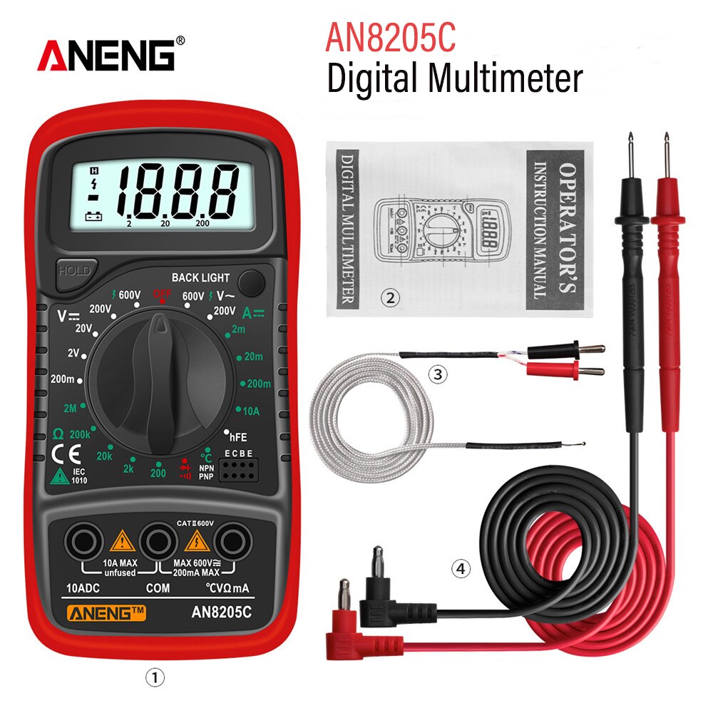  ANENG AN8205C Digital Multimeter AC/DC Ammeter Volt Ohm Multimetro Tester Meter With Thermocouple LCD Backlight Portable 