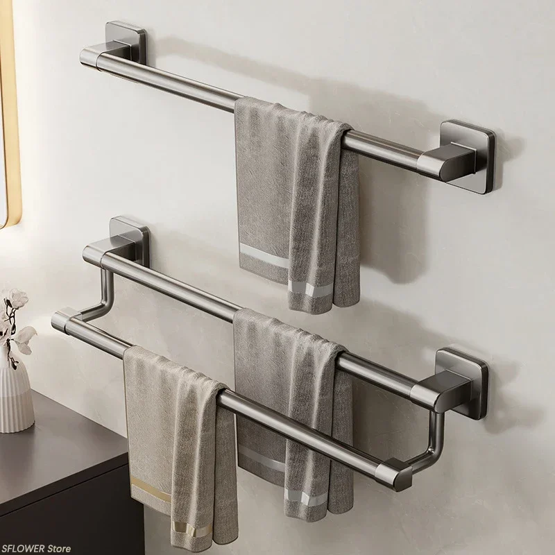 Towel Holder Wall Mounted No Drilling Towel Bar Space Aluminum Bathroom Organizers Bathroom Shelves Shower Storage Rack towel rack,towel holder,bathroom facilities