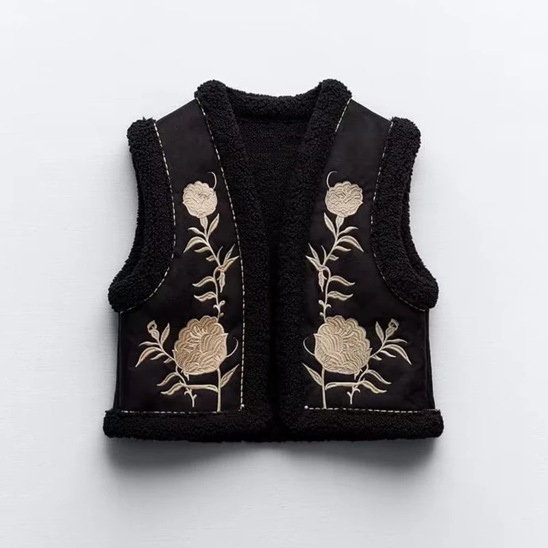 

Autumn Lambswool Women Vest Vintage V Neck Waistcoat Embroidery Vest Sleeveless Jacket Ladies Warm Vest Women Casual Cardigan