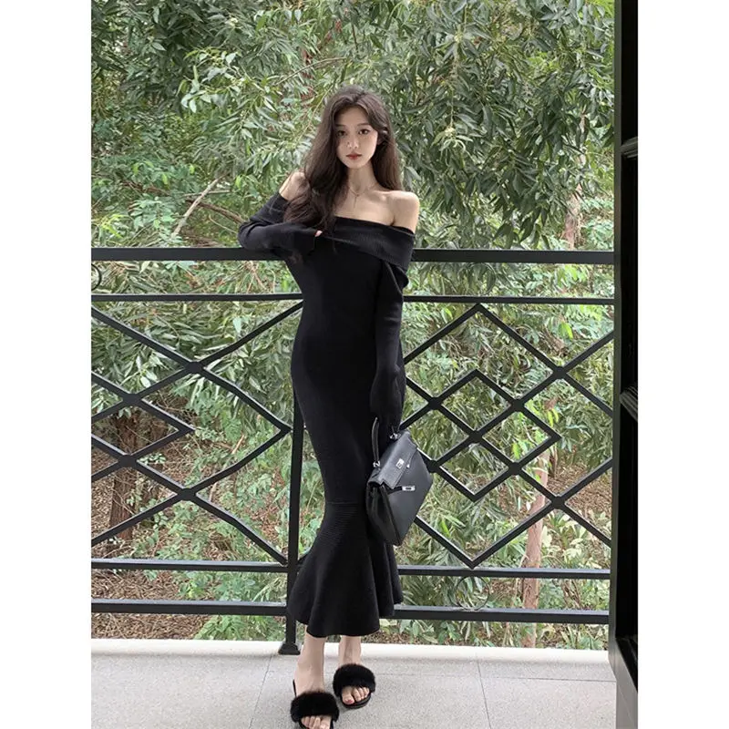 

HOUZHOU Sexy Off Shoulder Knitted One-piece Dress Women Elegant Gown Casual Vintage Maxi Dress Female Korean Style Bodycon Dress