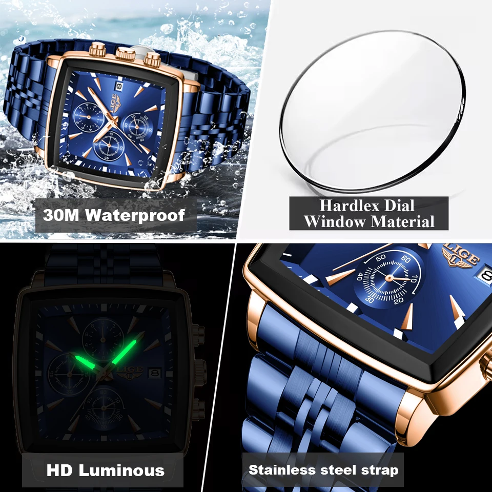 LIGE Waterproof Watch For Men Casual Sports Luminous Men's Quartz Wristwatches Stainless Steel Square Chronograph Reloj Hombre