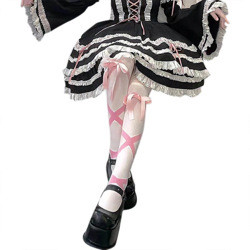 

Женские чулки до колена в стиле Лолиты, носки до середины икры с искусственным крест-накрест и принтом ленты и бантом