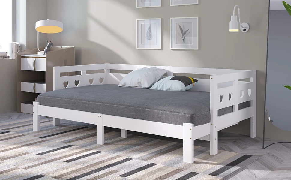 Tagesbett, ausziehbares Bett, aus massivem Kiefernholz, mit zweiter Schlafmöglichkeit und Lattenrost, herzförmiges Bett, weiß – Detail 18