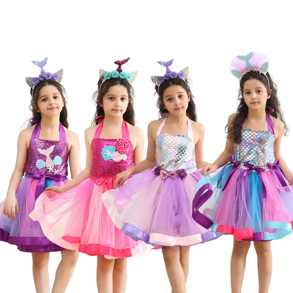 

Disney Little Mermaid Dress Girl Princess Ariel Cosplay Sequins Tutu Gown with HeadBand Children Halloween Party Clothes 2-12Yrs