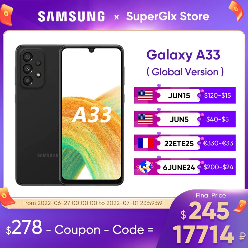  Новый оригинальный Samsung Galaxy A33 5G смартфон Exynos 1280 Восьмиядерный 90 Гц Super AMOLED дисплей 5000 мАч 25 Вт телефон с быстрой зарядкой