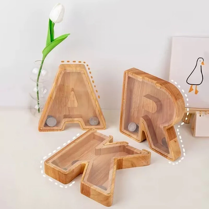 Twenty-six English Alphabet Moneybox Coin Money Piggy Bank Wooden Letter Saving Box Desktop Ornament Home Decor wooden piggy bank