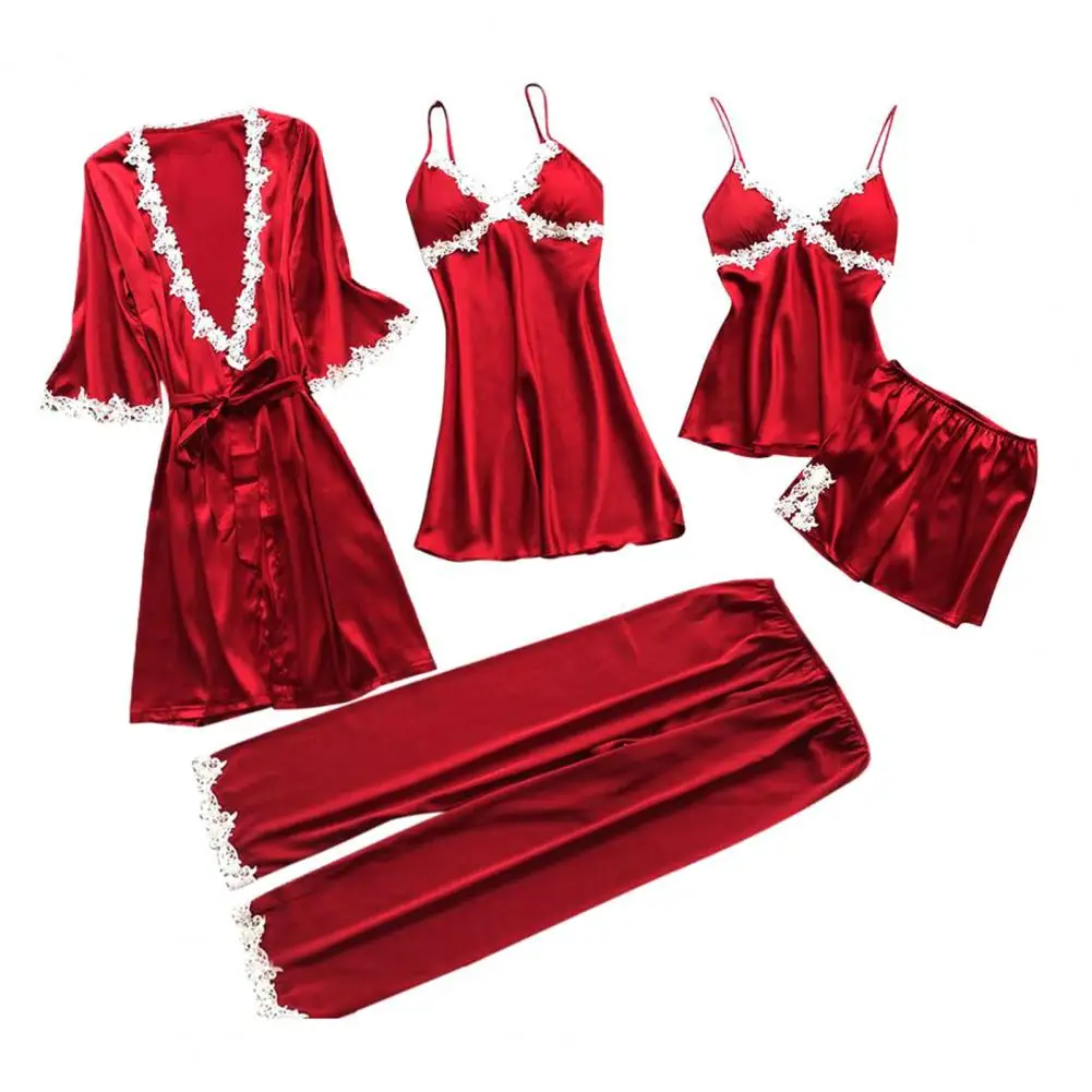 5 Pcs/Set Women Pajamas Suit Silky Satin Nightgown Nightdress Top Shorts Pants Set Lace Patchwork Lace-up Women Sleepwear Set women pajamas set women pajama suit
