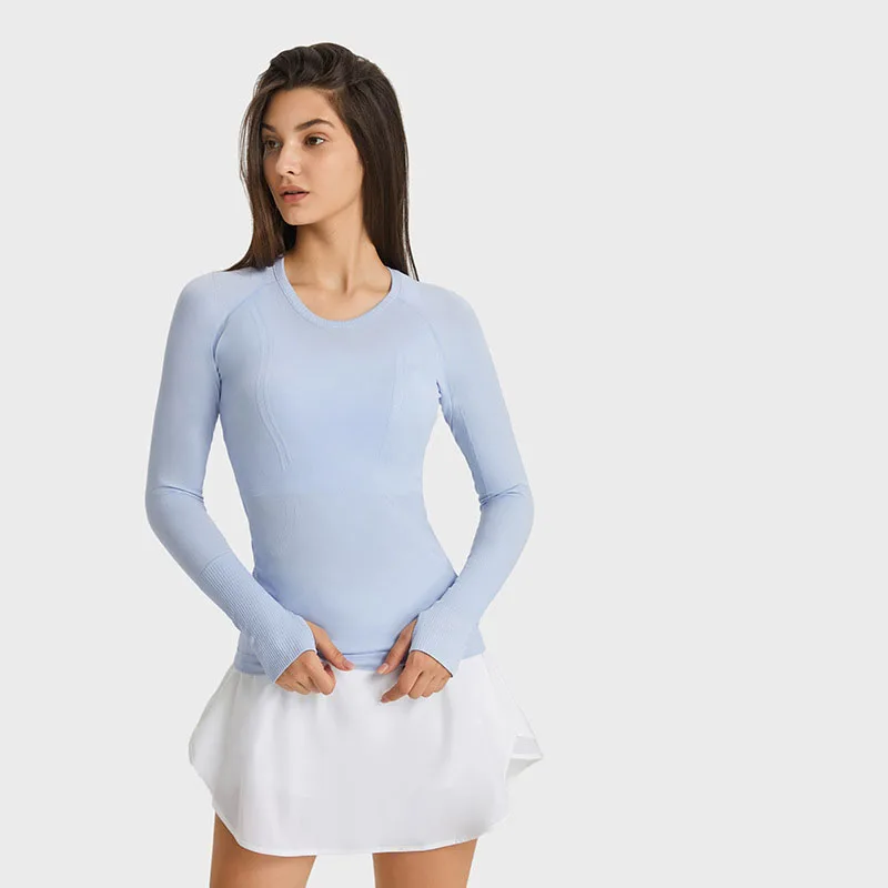 

Женский бесшовный облегающий топ с логотипом, футболки для йоги, фитнеса, бега, с длинным рукавом, спортивная одежда