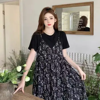 플러스 사이즈 여성용 원피스 O넥 꽃 원피스, 반팔 가짜 투피스, 우아한 한국 베스티도, 6XL, 150kg, 여름
