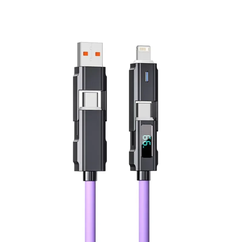 4 in 1 USB C Data Cable Digital Display Silicone for Iphone PD 66W Zinc Alloy Fast Charging Cable Line Type C with LED Design