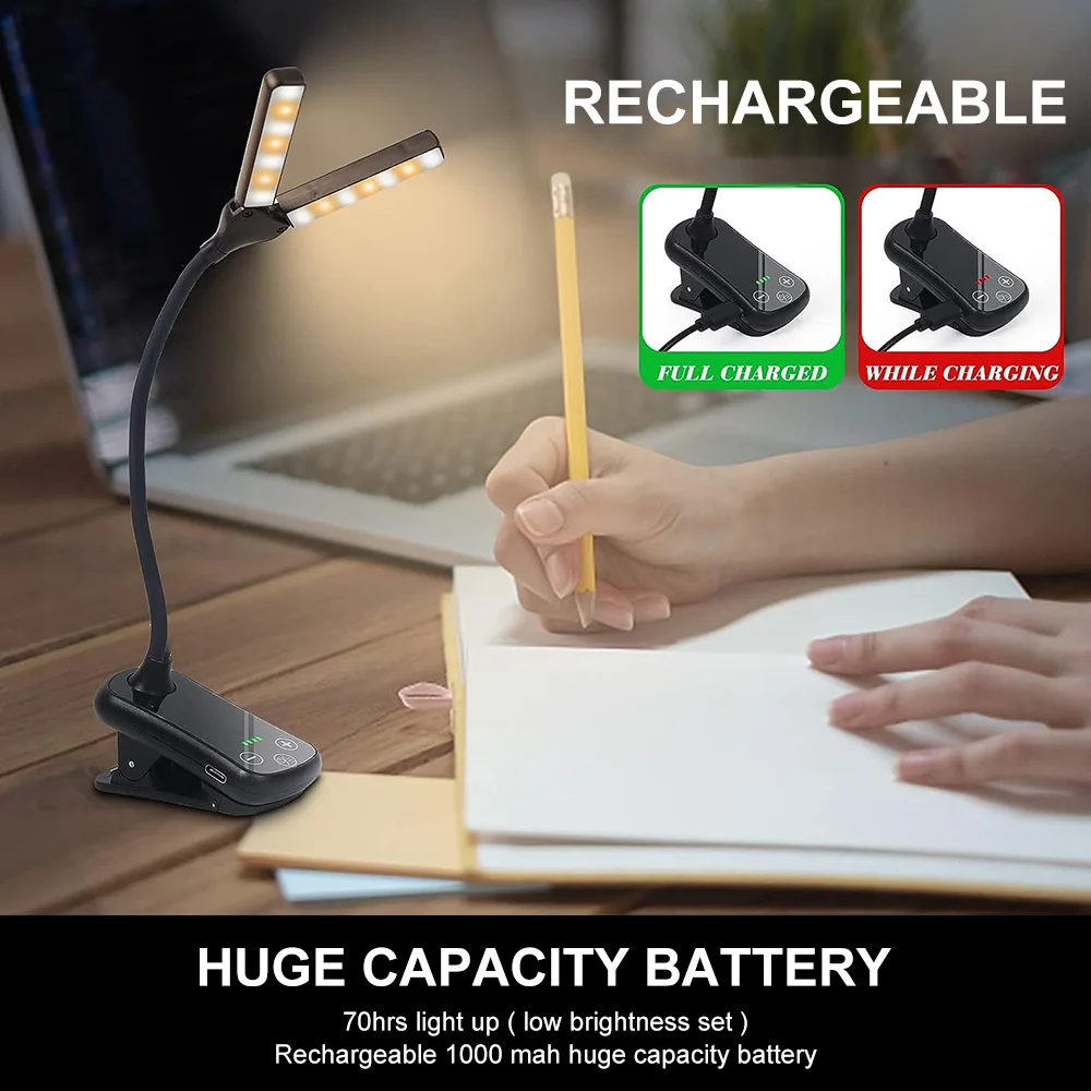 14 LED Clip On Book Light 3 Colors 8 Brightness Usb Rechargeable Night Light Portable Reading Book Lamp Mini Desk Lamp