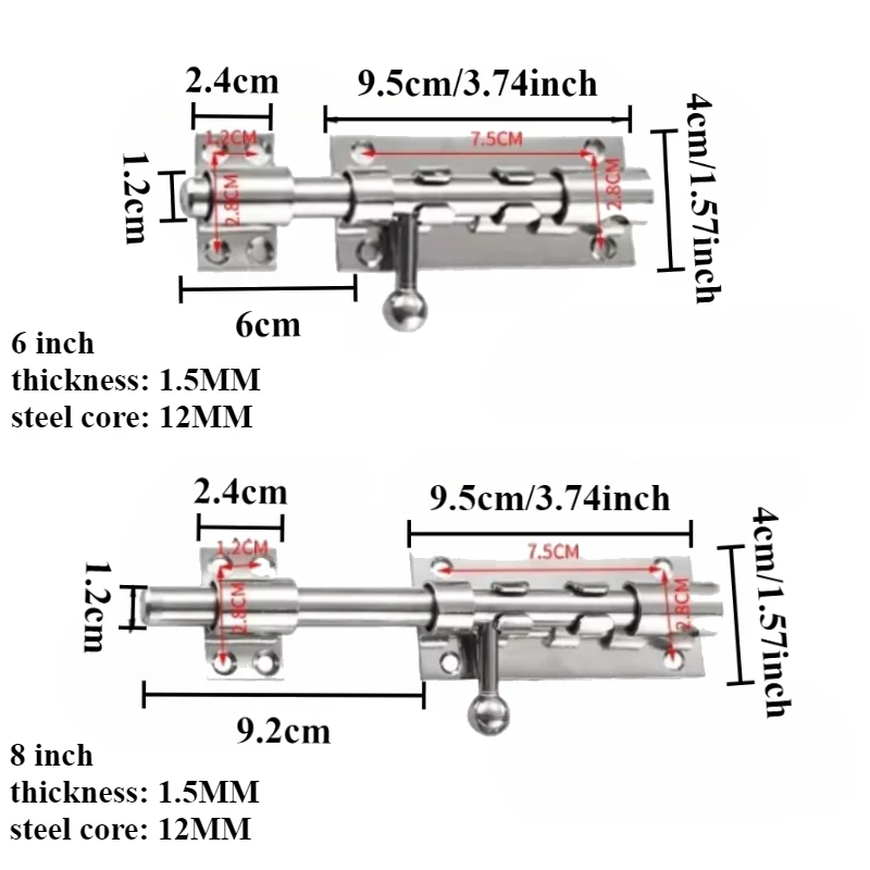 6" 8" 10" 12 Inch Stainless Steel Hardware Door Lock Barrel Bolt Latch Padlock Clasp Set Brushed Stainless Steel