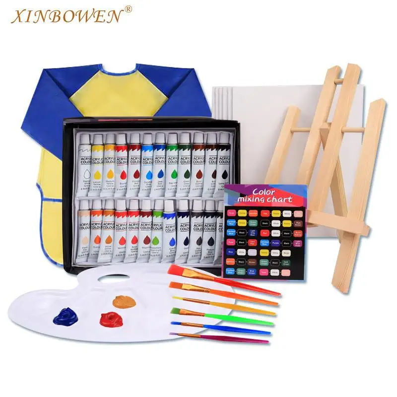 39 Pcs Art Painting Kit Supplies Set for Kids to Party Paint Brushes Acrylic Paints Wood Easels Canvas Panels Palettes Aprons