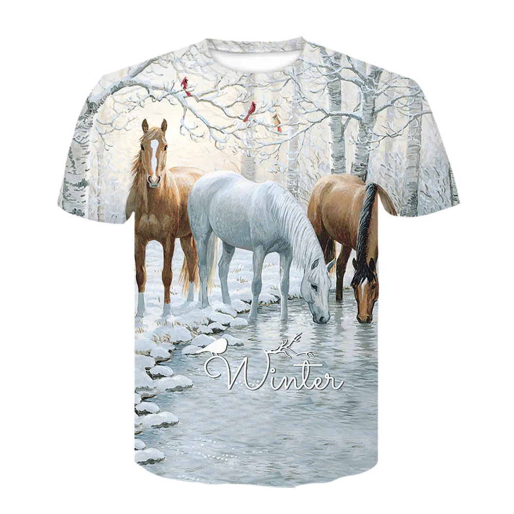 

2023 New Summer T Shirt Men Streetwear Round Neck Short Sleeve Tees Tops Funny Animal Male Clothes Casual Run Horse 3D Print