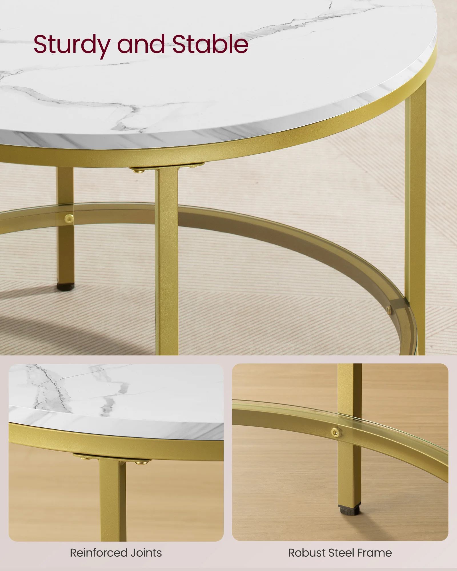 VASAGLE Round Coffee Table, Small Coffee Table with Faux Marble Top and Glass Storage Shelf, 2-Tier Circle Coffee Table 5