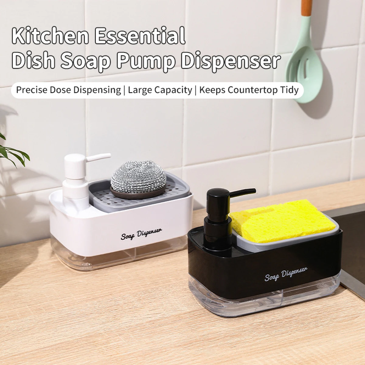 Dishwasher Dispenser, Press Type Manual Soap Dispenser, 2-in-1 Liquid Dispensing Methods, Easy to Detachable and Washable Sponge