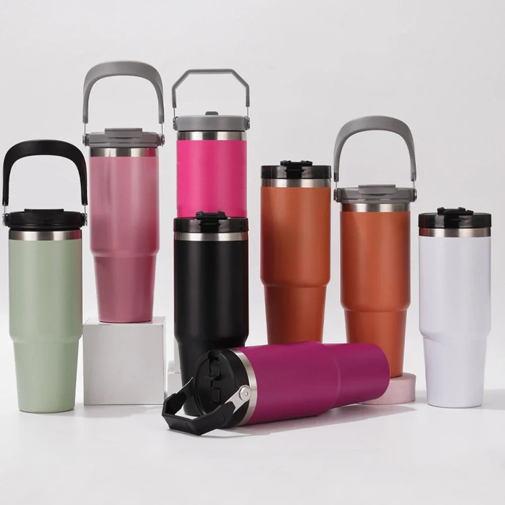 

30oz Stainless Steel Water Bottle Large Capacity Tumbler with Handle Portable Vacuum Flask Kettle Outdoor Mugs Coffee Cups