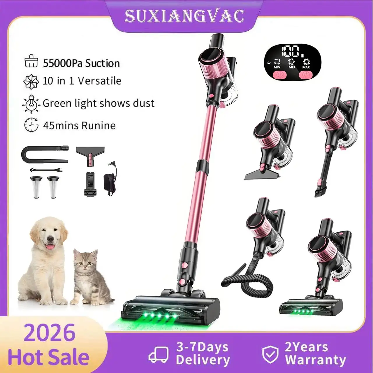 Cordless Cleaner, 10 In 1 Stick With 55Kpa Powerful Suction, Hose,Lightweight Rechargeable Vacuum Cleaner For Home_voghion.com