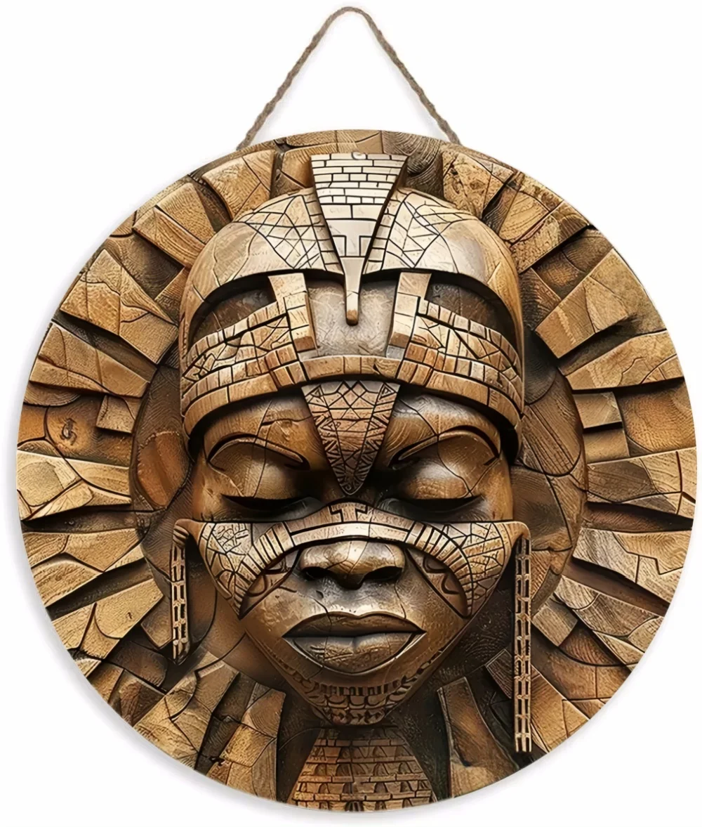 Wooden Ceremonial 2D African Mask Metal Wall Art Cultural Decor Display Disc