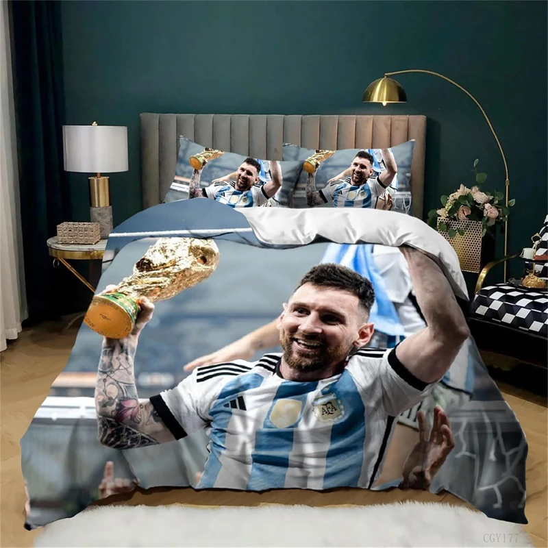 Teen Boys Lionel Messi Bedding Set 3 Pieces Soccer Star Duvet Cover Set Soft and Breathable Comforter Cover Zipper