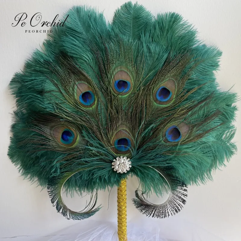 PEORCHID Dark Green Feathers Fan Wedding Bouquet For Bridemaids Elegant Peacock Feathers Great Gatsby 1902s Bridal Fan Bouquets